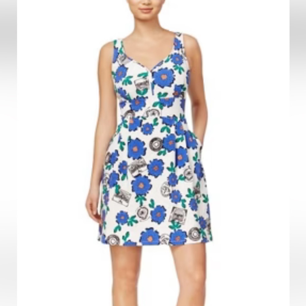 Maison Jules Textured White Floral Flare Dress With Pockets- Size M